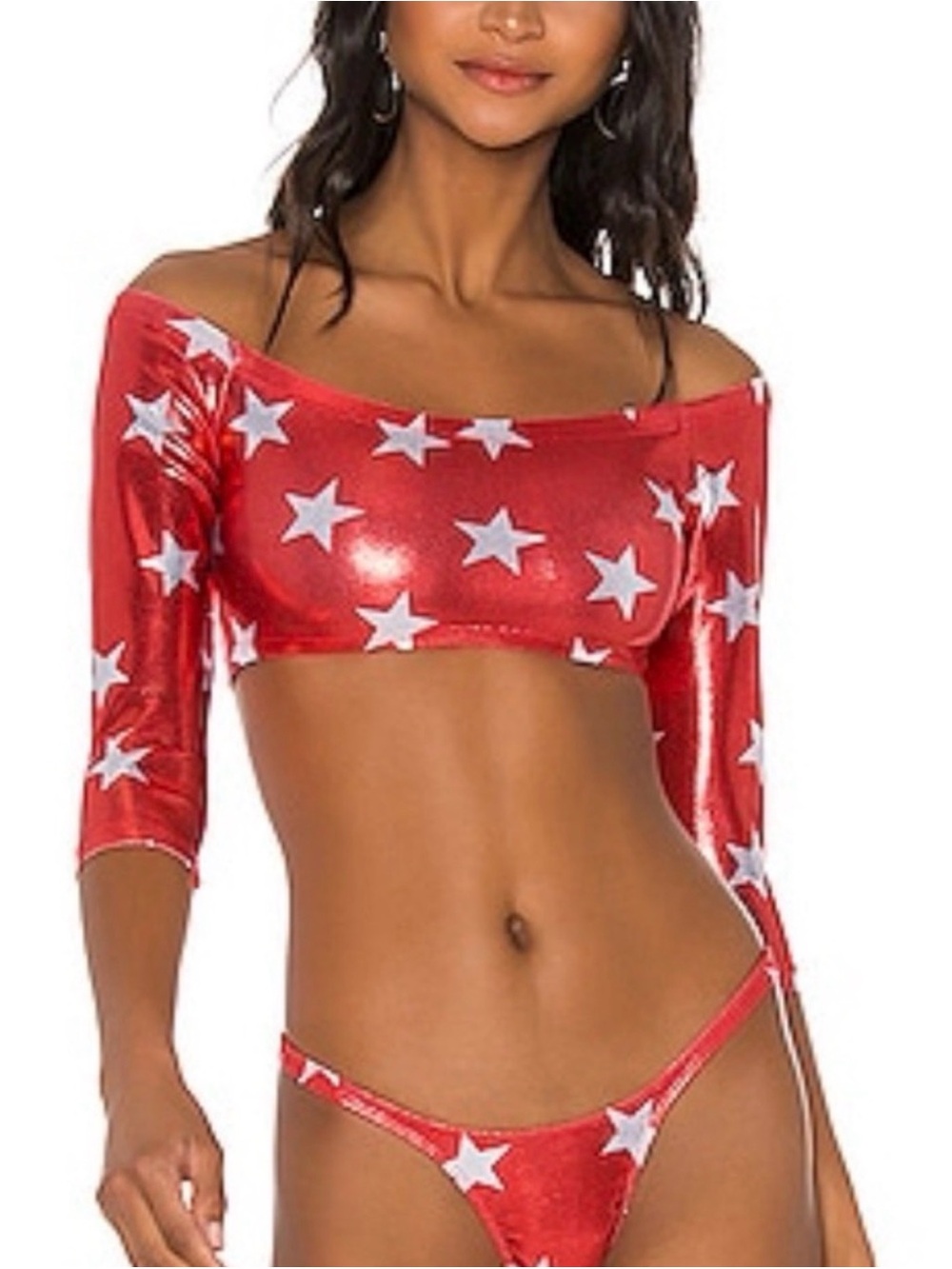 New!Red Star Print Off-Shoulder Crop Top and Bikini Set